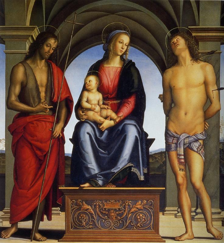 Pietro Perugino Madonna with Child Enthroned between Saints John the Baptist and Sebastian oil painting picture